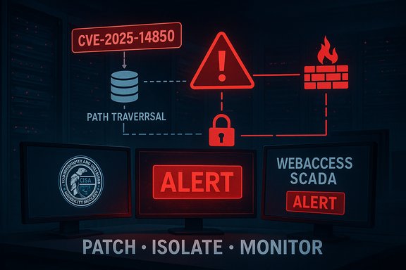 Cybersecurity ops dashboard showing CVE-2025-14850 alert and patch/isolate/monitor workflow.