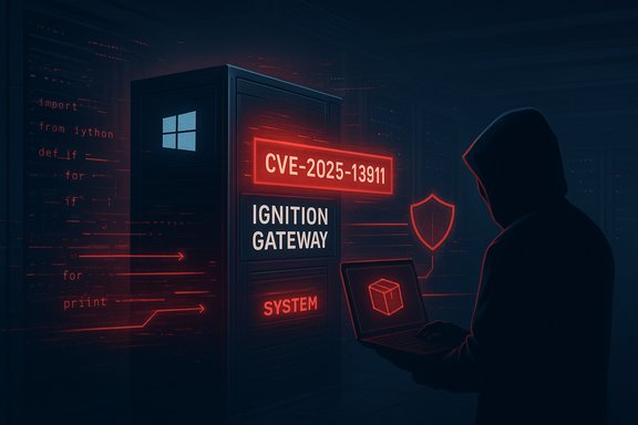 A hooded hacker at a neon-lit server displaying CVE-2025-13911 in a data center.