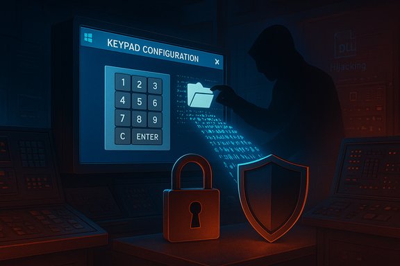 A hacker in a dim control room configures a keypad on a screen, with a padlock and shield in the foreground.