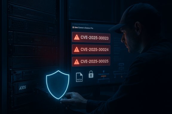 Technician monitors CVE alerts on a server screen beside a glowing blue shield.