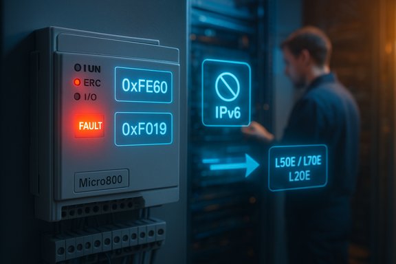 Technician in a server room views AR HUDs with IPv6 and fault codes near a PLC.