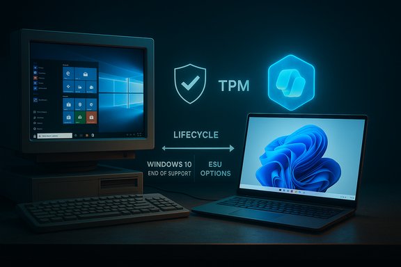 A retro desktop with CRT monitor sits beside a modern laptop under a blue TPM and lifecycle infographic.