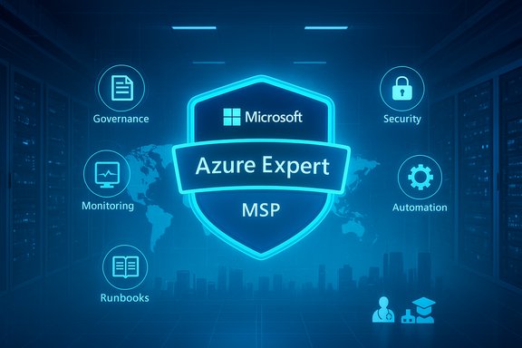 Microsoft Azure Expert MSP shield highlighting governance, security, monitoring, automation, and runbooks.