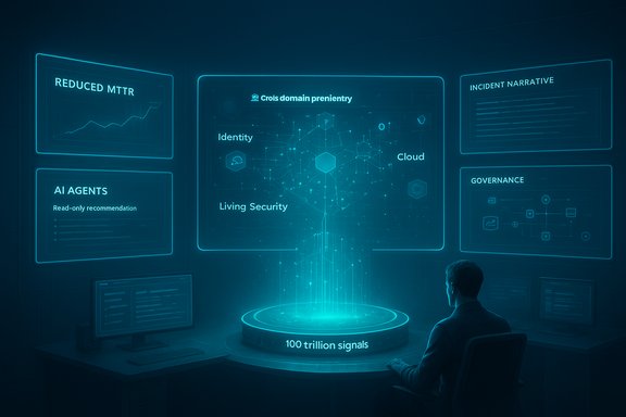 A person monitors holographic security dashboards displaying identity, cloud, and 100 trillion signals.