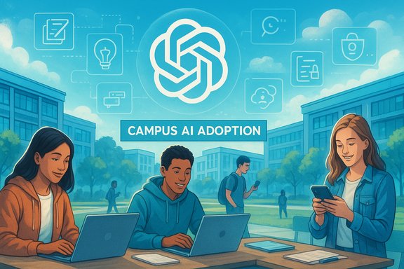 Students on campus use laptops under a Campus AI Adoption banner.