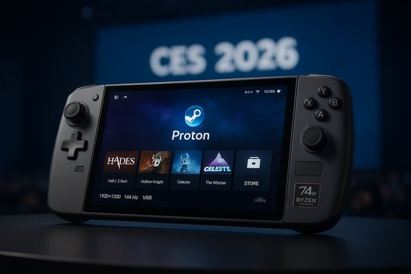 A handheld gaming console displaying Proton with indie-game tiles at CES 2026.