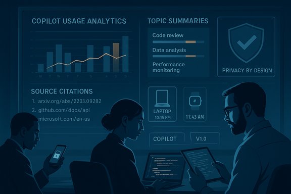Three professionals analyze Copilot usage analytics on a large dashboard featuring charts and devices.