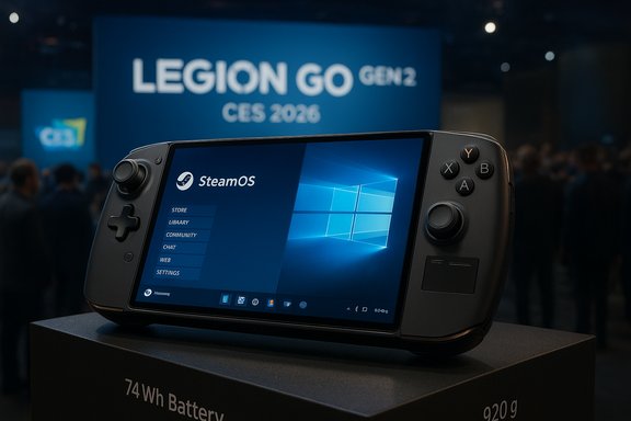 Legion Go Gen2 handheld gaming device on display at CES 2026, running SteamOS.