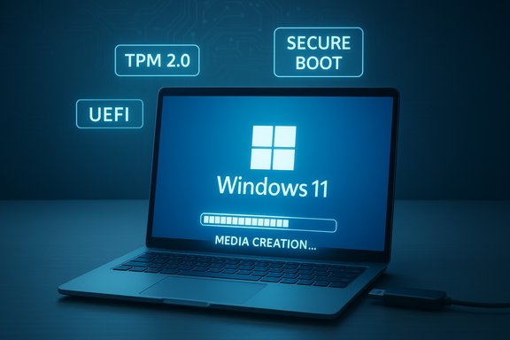 Windows 11 setup on a laptop, showing TPM 2.0, UEFI, and Secure Boot indicators.