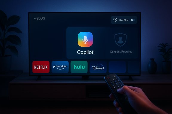 TV screen displays webOS with app icons (Netflix, Prime Video, Hulu, Disney+) and a Copilot card, controlled by a remote.