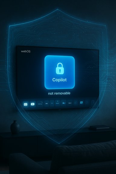 A webOS TV displays Copilot locked, not removable, inside a glowing blue shield.