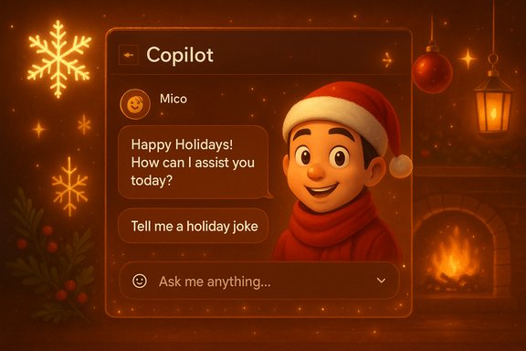 Festive chat screen with Copilot and a cheerful Santa-hatted mascot beside a glowing fireplace.