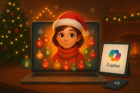 Festive laptop screen shows a cartoon girl in a Santa hat among ornaments, beside a Copilot tablet.
