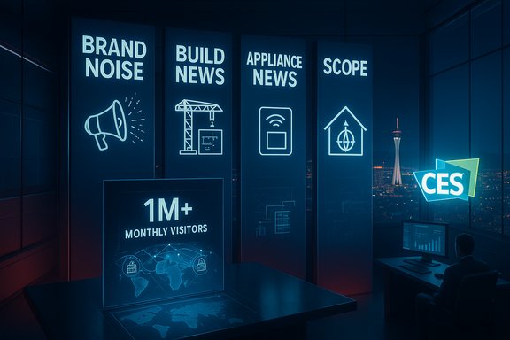Futuristic CES booth with neon panels: Brand Noise, Build News, Appliance News, Scope; 1M+ monthly visitors.