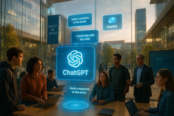 A diverse team collaborates around a holographic ChatGPT interface in a glass-walled office.