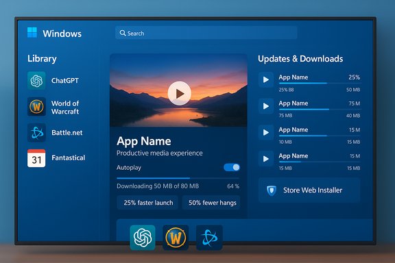 A Windows-style blue UI with a left Library, a center app details panel, and a right Updates panel.