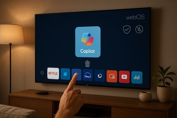 A hand points at the Copilot app on a webOS TV home screen.