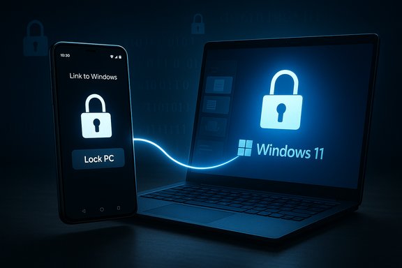 Phone and laptop connected by a glowing line, displaying a Windows 11 lock screen with a 'Lock PC' prompt.