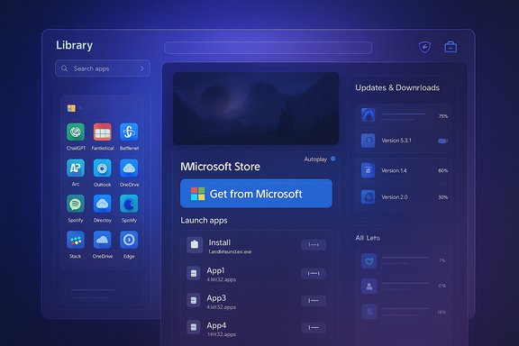 A neon-blue dashboard UI showcasing a Library, Updates & Downloads, and a Microsoft Store panel.