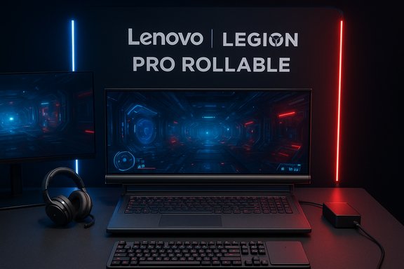 Lenovo Legion Pro Rollable gaming laptop in a neon-lit setup with blue and red accents.