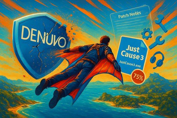 A hero soars past a cracked DENUVO shield toward a Just Cause 3 promo card.