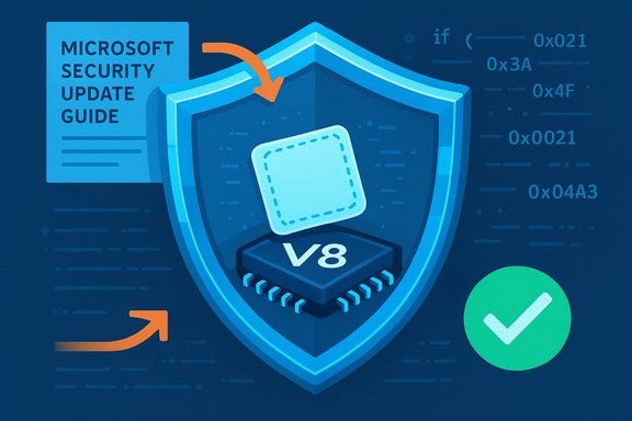 Microsoft Security Update Guide features a shielded V8 chip with a green checkmark.