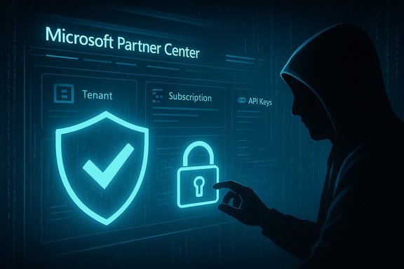 Hooded figure interacts with a futuristic Microsoft Partner Center security dashboard.