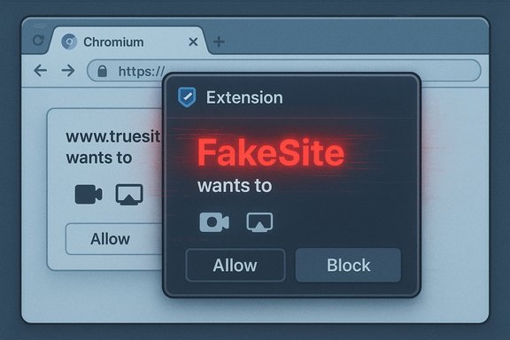 A browser extension warns about a FakeSite trying to access your camera, offering Allow or Block.