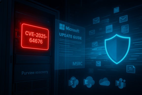 Red CVE-2025-64676 alert on a server rack beside blue Microsoft update guide and shield graphics.