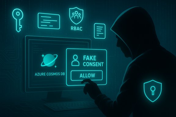 Hooded hacker at a computer, triggering a fake consent prompt beside Azure Cosmos DB.