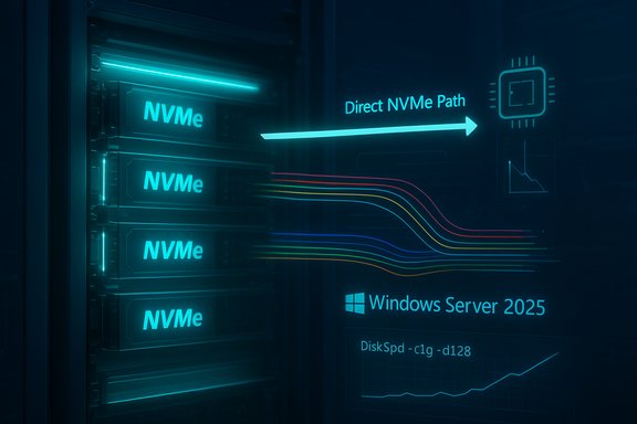 NVMe storage blades in a server rack route a Direct NVMe Path to Windows Server 2025.