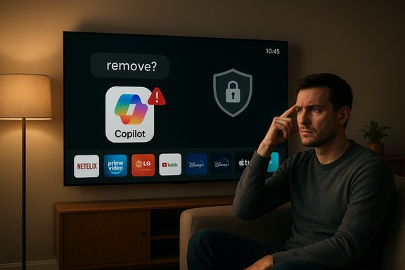 A man sits on a couch, contemplating removing the Copilot app displayed on a large TV. A man sits on a couch, contemplating removing the Copilot app displayed on a large TV.