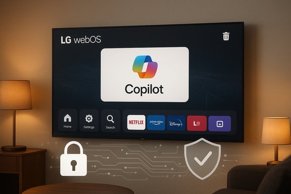 A cozy living room with a large LG webOS TV displaying the Copilot card and streaming apps.