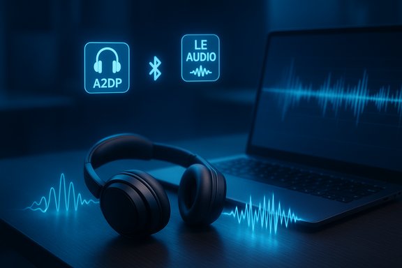 Blue-toned scene with wireless headphones beside a laptop and glowing A2DP and LE Audio icons.