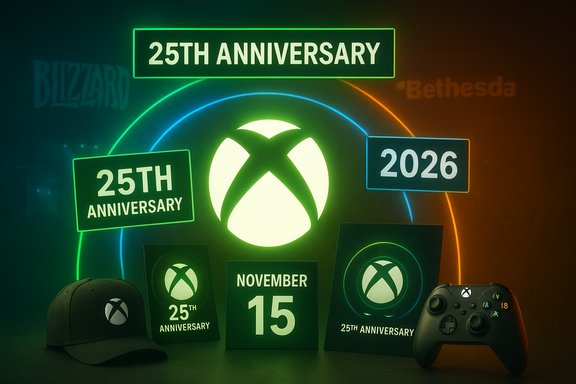 Neon-lit Xbox 25th anniversary display with the logo, date signs, and commemorative merch. Neon-lit Xbox 25th anniversary display with the logo, date signs, and commemorative merch.