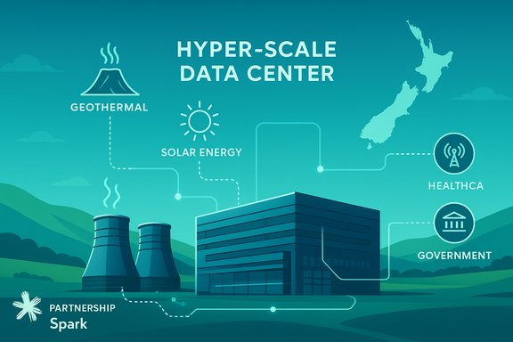 Hyper-scale data center powered by geothermal and solar energy, connected to healthcare and government.