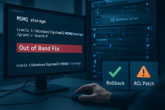 Server room scene with a monitor showing “Out of Band Fix” and Rollback/ACL Patch options beside a hand on a mouse.