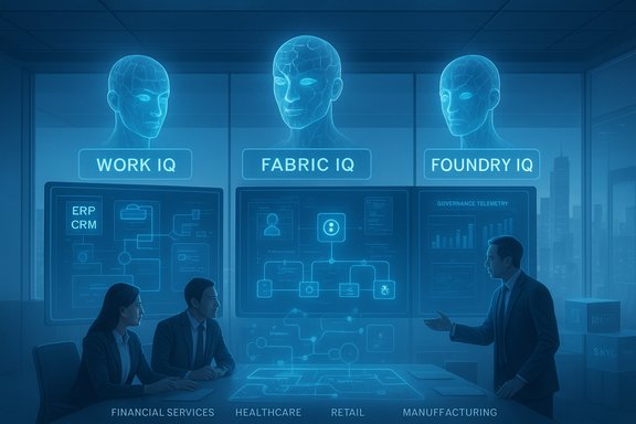 Futuristic briefing with three IQ dashboards (Work, Fabric, Foundry) in a boardroom.