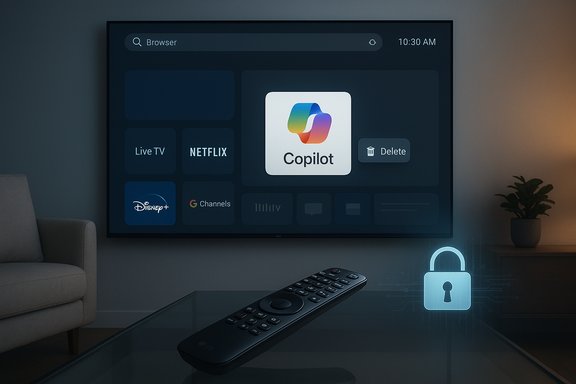 Living room with a wall-mounted TV showing Copilot and streaming apps, a remote on a glass table, and a glowing lock.
