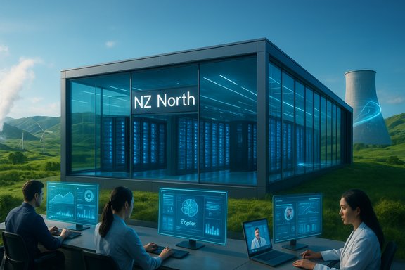 Glass-walled data center named NZ North sits in a green valley as engineers monitor high-tech screens.
