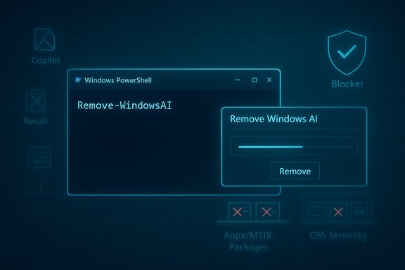 A Windows PowerShell window shows Remove-WindowsAI with a progress bar and a Remove button.