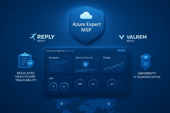 Azure Expert MSP dashboard graphic featuring cloud management, security controls, and KPI charts.