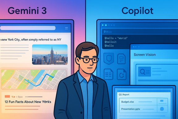 A businessman stands between Gemini 3 and Copilot UI screens, illustrating AI-assisted development.