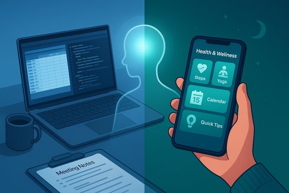 Split scene: laptop workspace with notes on the left and a smartphone showing Health & Wellness apps on the right.