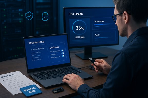 Tech worker runs Windows Setup on a laptop while monitoring CPU health on a second screen.