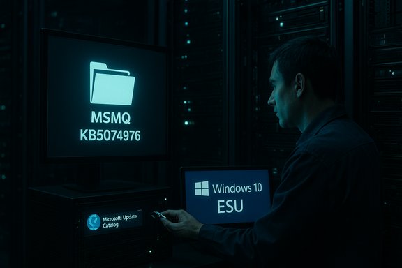 Tech in a dim data center watches Windows 10 ESU on a laptop amid server racks.