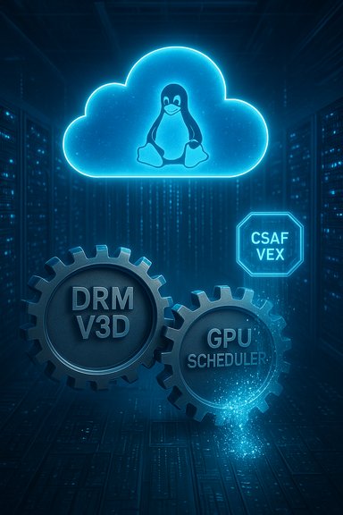 Neon blue cloud with the Linux Tux sits above server racks, linked to DRM V3D and GPU Scheduler gears.
