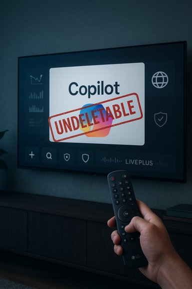 A hand holds a remote toward a screen showing Copilot with a red UNDELETABLE stamp.