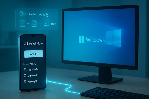 Windows desktop setup with a monitor displaying the Windows logo and a phone screen labeled 'Link to Windows'.