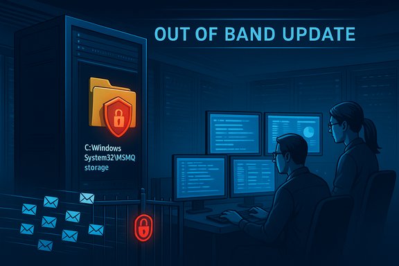 IT analysts monitor a data center as an Out of Band Update secures Windows MSMQ storage.